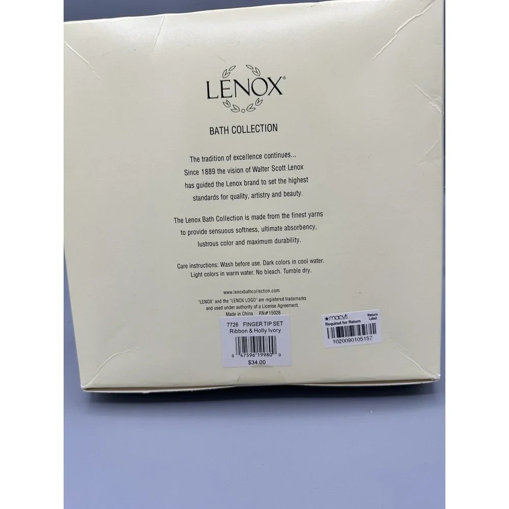 Lenox Set of‎ 2 Ribbon & Holly Finger Tip Towels Ivory NEW